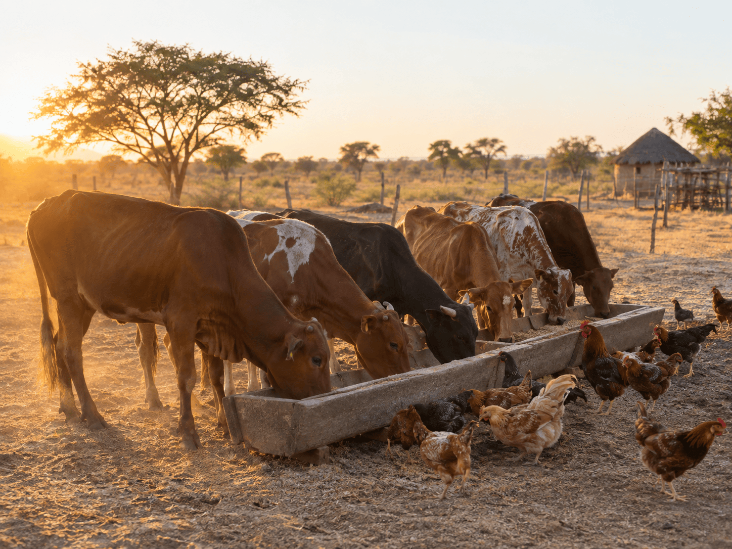 Cattle and chickens at a feeding trough