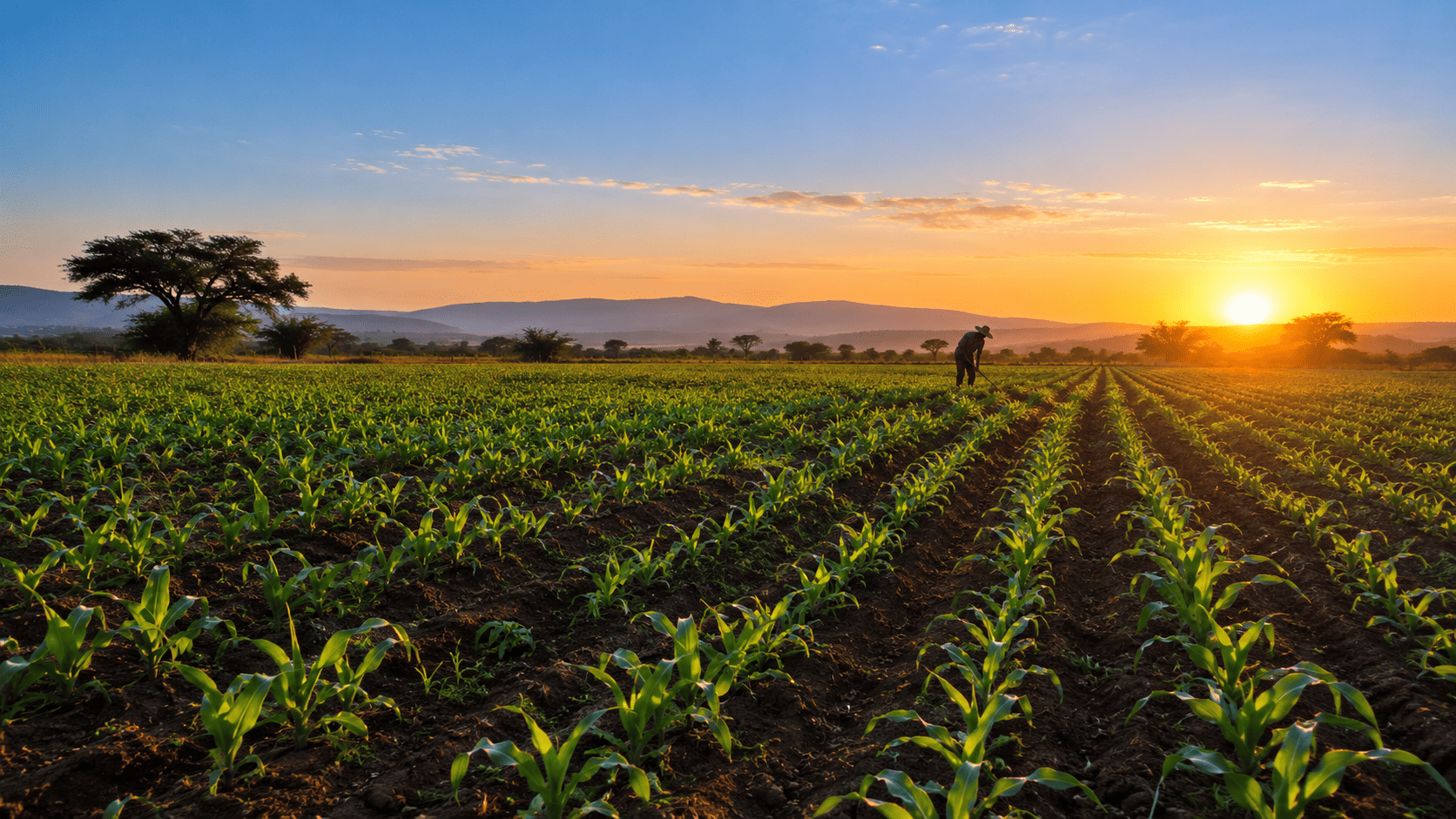 Farm field at sunrise with a distant figure