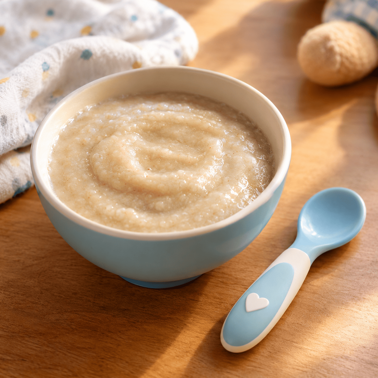 Infant porridge with a baby spoon
