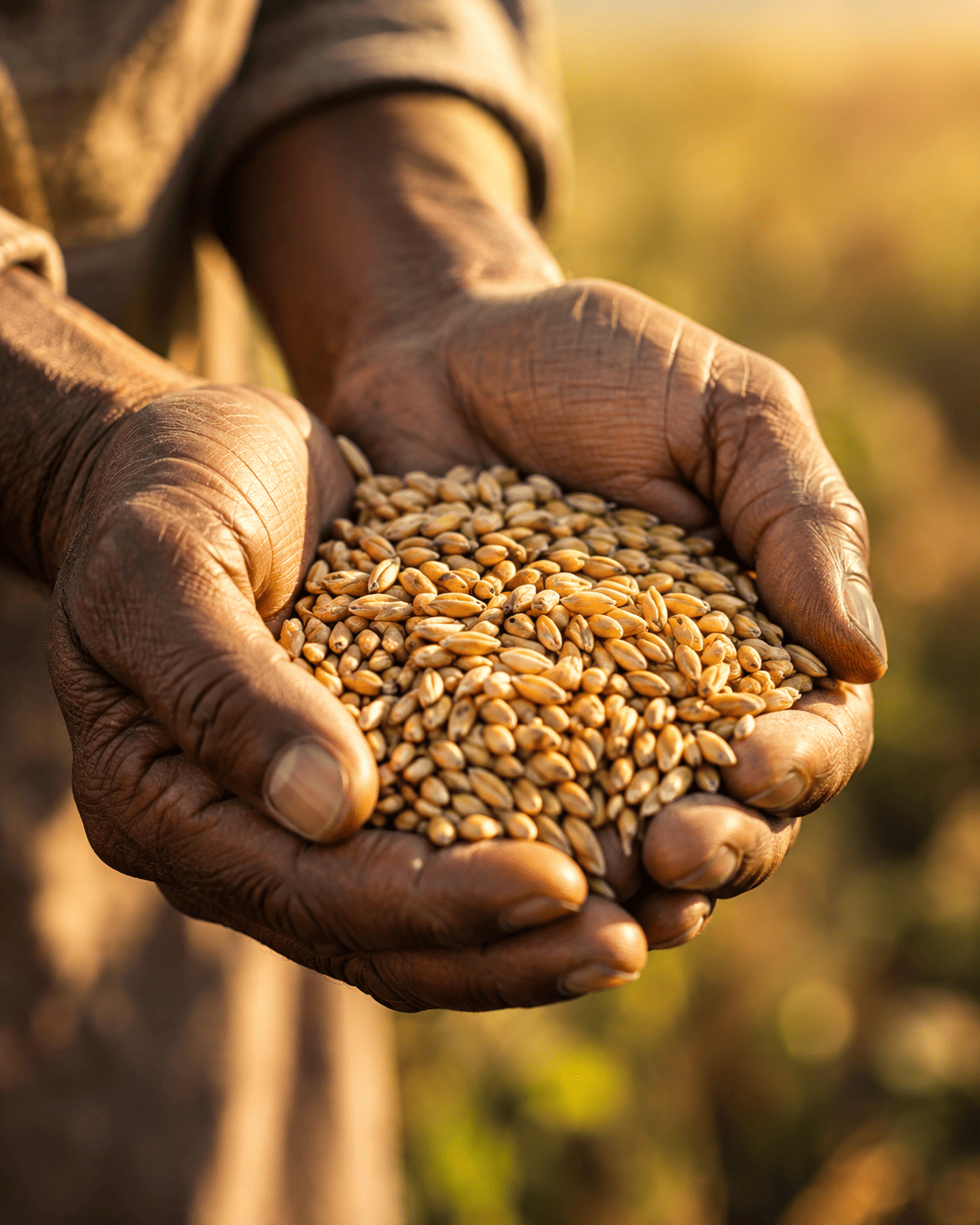 Hands holding grain, close-up